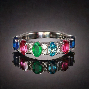 6 Stone Oval Birthstone Ring with Fine Diamonds Designed by Christopher Michael