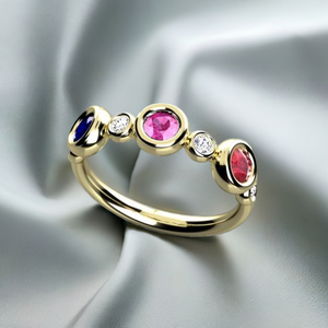 Bezeled Larger Round Three Birthstone Mothers Ring With Fine Diamonds Designed by Christopher Michael