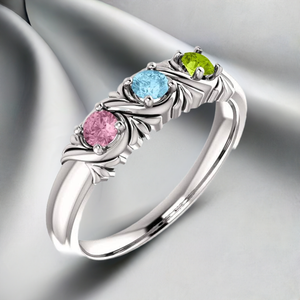 Uniquely detailed 3 stone mothers ring