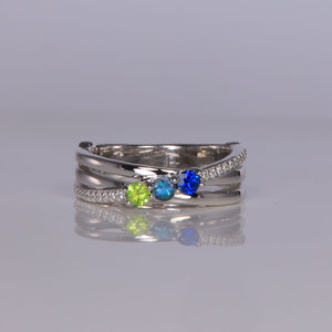 three stone birthstone and diamond shank ring