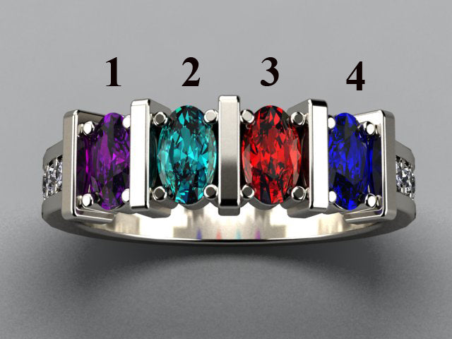Four Stone Oval Mothers Ring with Diamonds - MothersFamilyRings.com